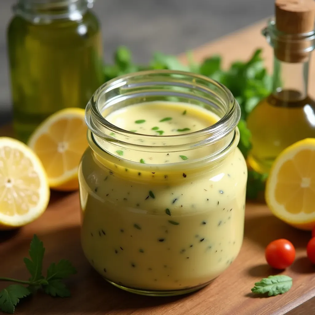 Close-up of a glass jar filled with creamy Italian salad dressing recipe, with visible herbs, lemon, and olive oil on a wooden kitchen counter.