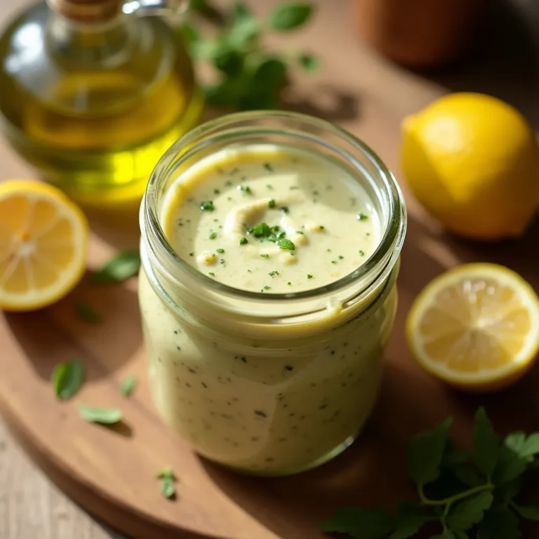 Close-up of a glass jar filled with creamy Italian salad dressing recipe, with visible herbs, lemon, and olive oil on a wooden kitchen counter.