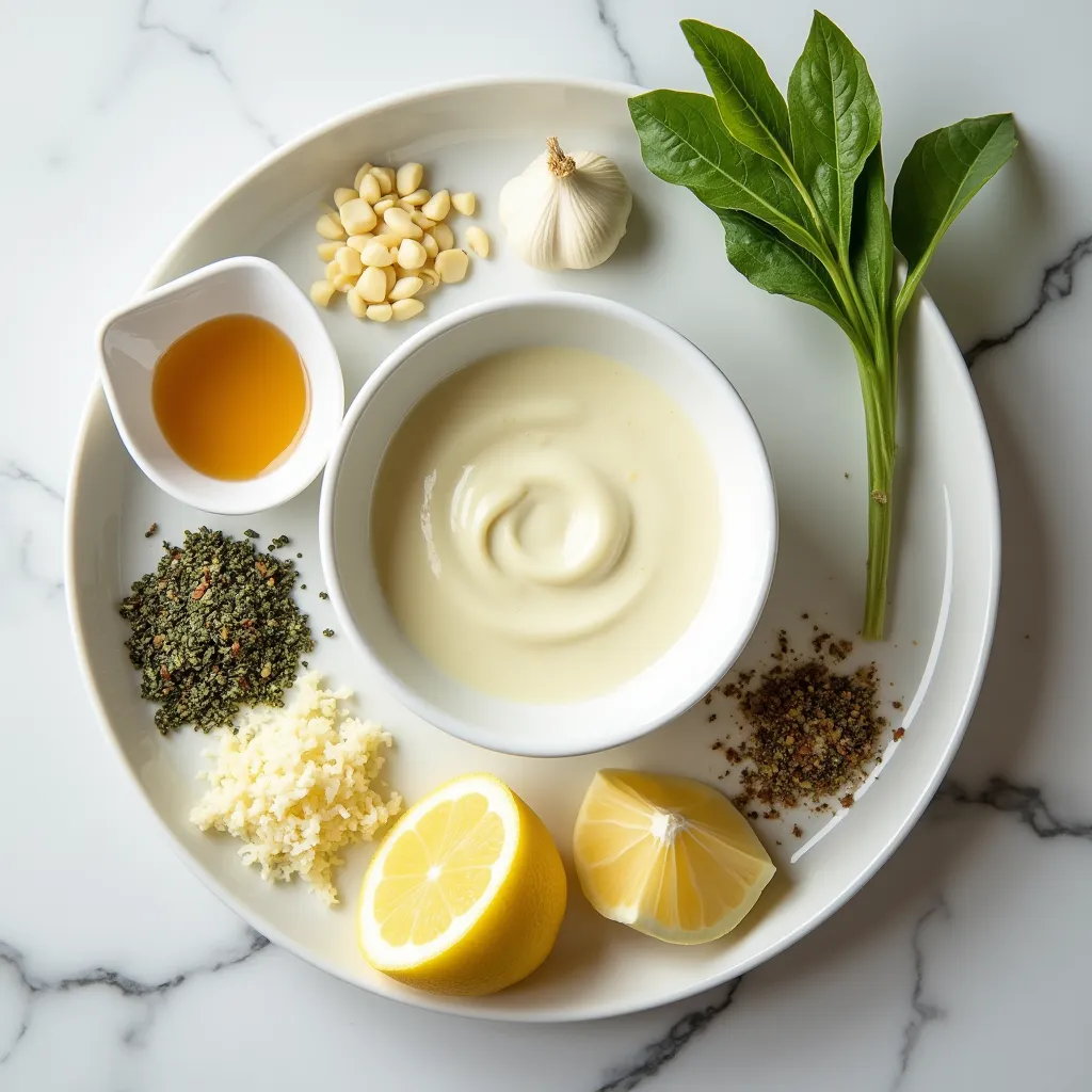Ingredients for creamy Italian salad dressing recipe including mayonnaise, garlic, dried herbs, Parmesan cheese, lemon juice, and honey on a marble countertop