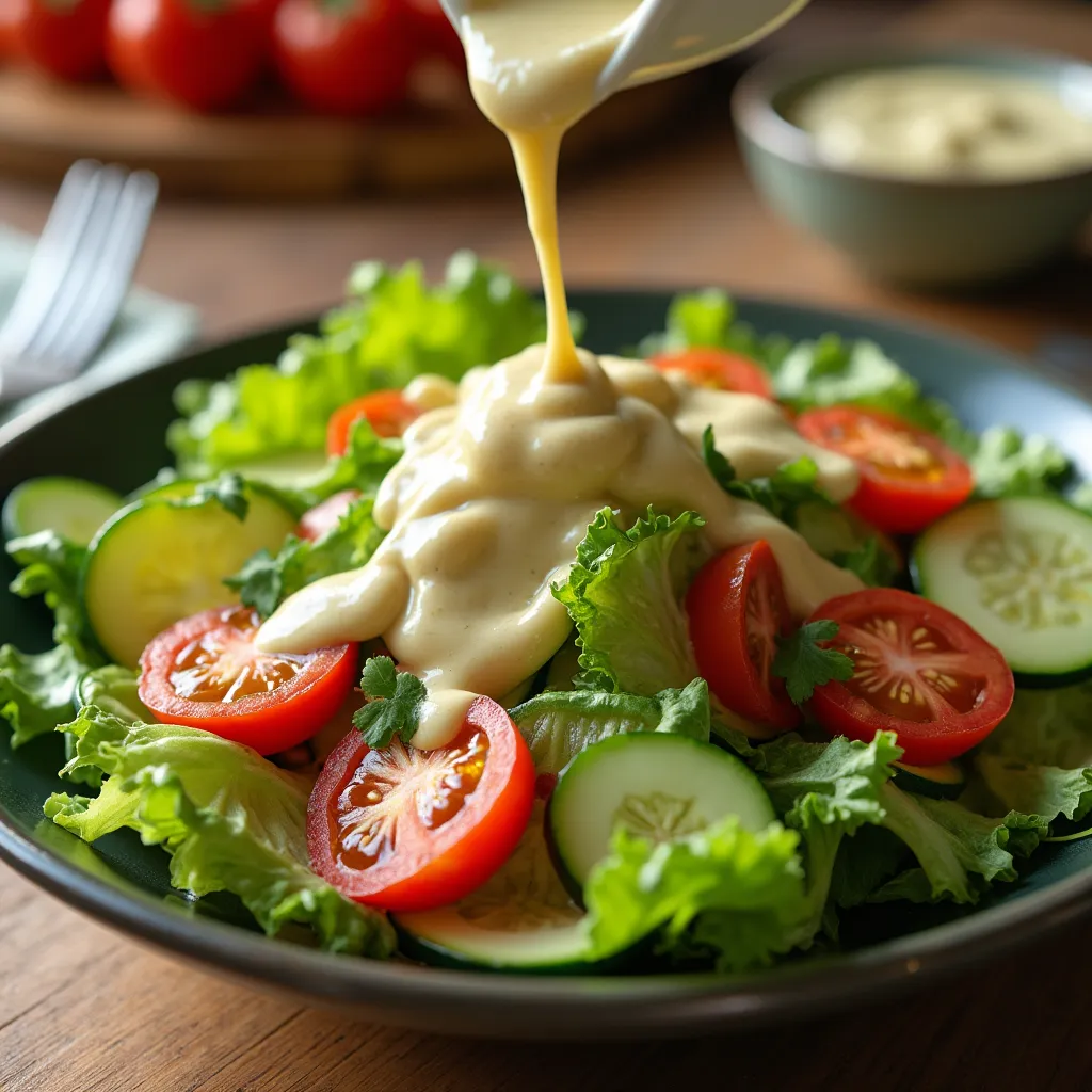 Garden salad served with creamy Italian salad dressing recipe drizzled on top, in a ceramic bowl on a rustic kitchen table with natural lighting