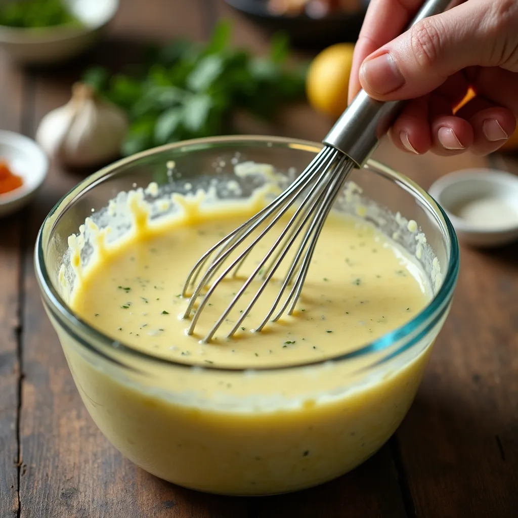 Hand whisking creamy Italian salad dressing recipe in a glass bowl with visible herbs, surrounded by fresh ingredients on a kitchen surface