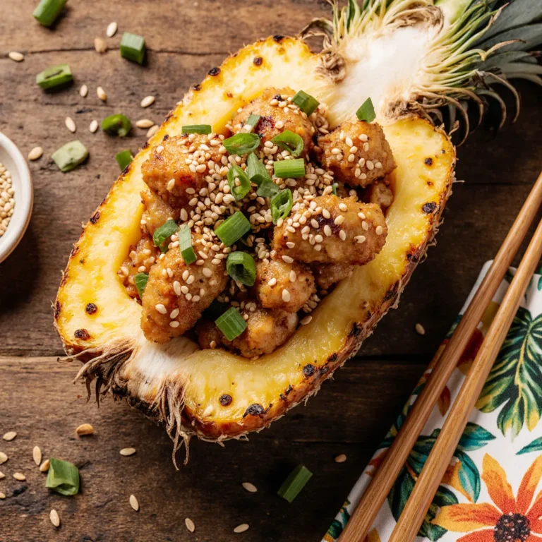 Fried rice pineapple chicken served in a pineapple bowl with herbs and sesame on a wooden table.