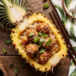 Fried rice pineapple chicken served in a pineapple bowl with herbs and sesame on a wooden table