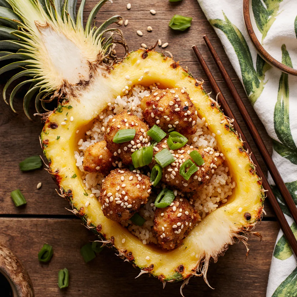 Fried rice pineapple chicken served in a pineapple bowl with herbs and sesame on a wooden table
