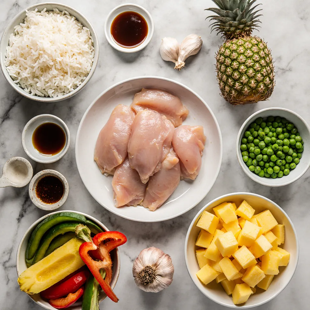 Ingredients for fried rice pineapple chicken arranged on a marble surface including pineapple, chicken, rice, and vegetable