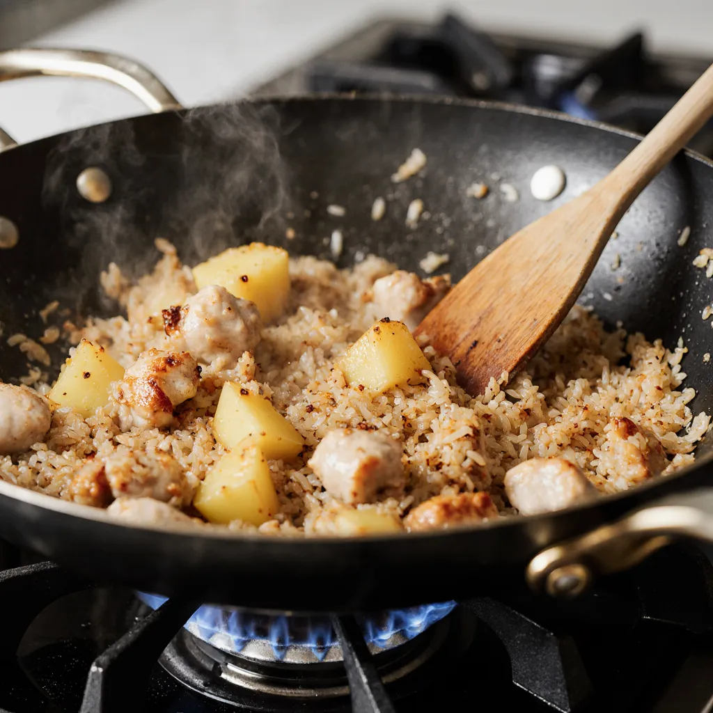 Fried rice pineapple chicken being stir-fried in a wok with steam and visible pineapple and chicken pieces