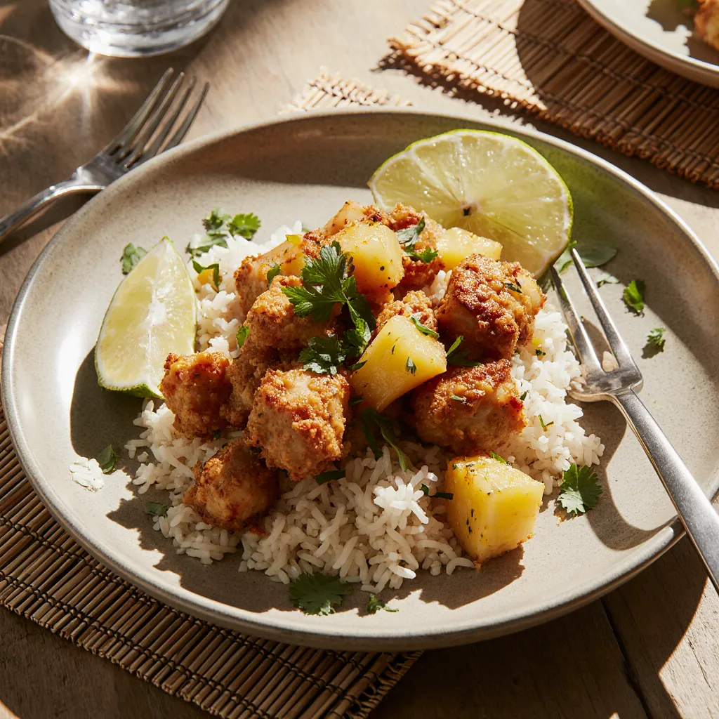 Fried rice pineapple chicken on a ceramic plate with lime wedges and herbs in a sunny kitchen setting
