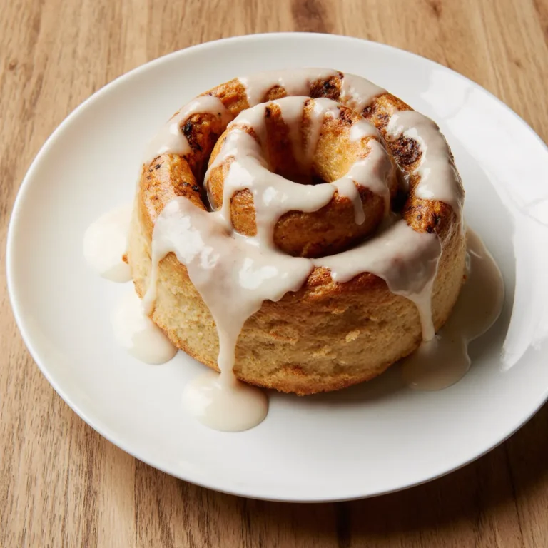 Golden baked frozen cinnamon buns with icing on a white plate in a cozy kitchen setting