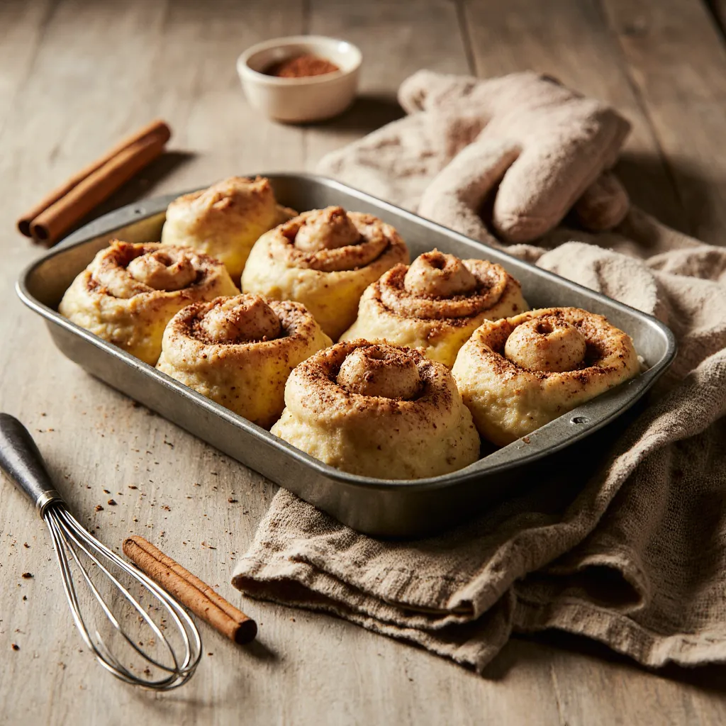 Unbaked frozen cinnamon buns arranged in a baking pan with cinnamon topping, kitchen tools in background