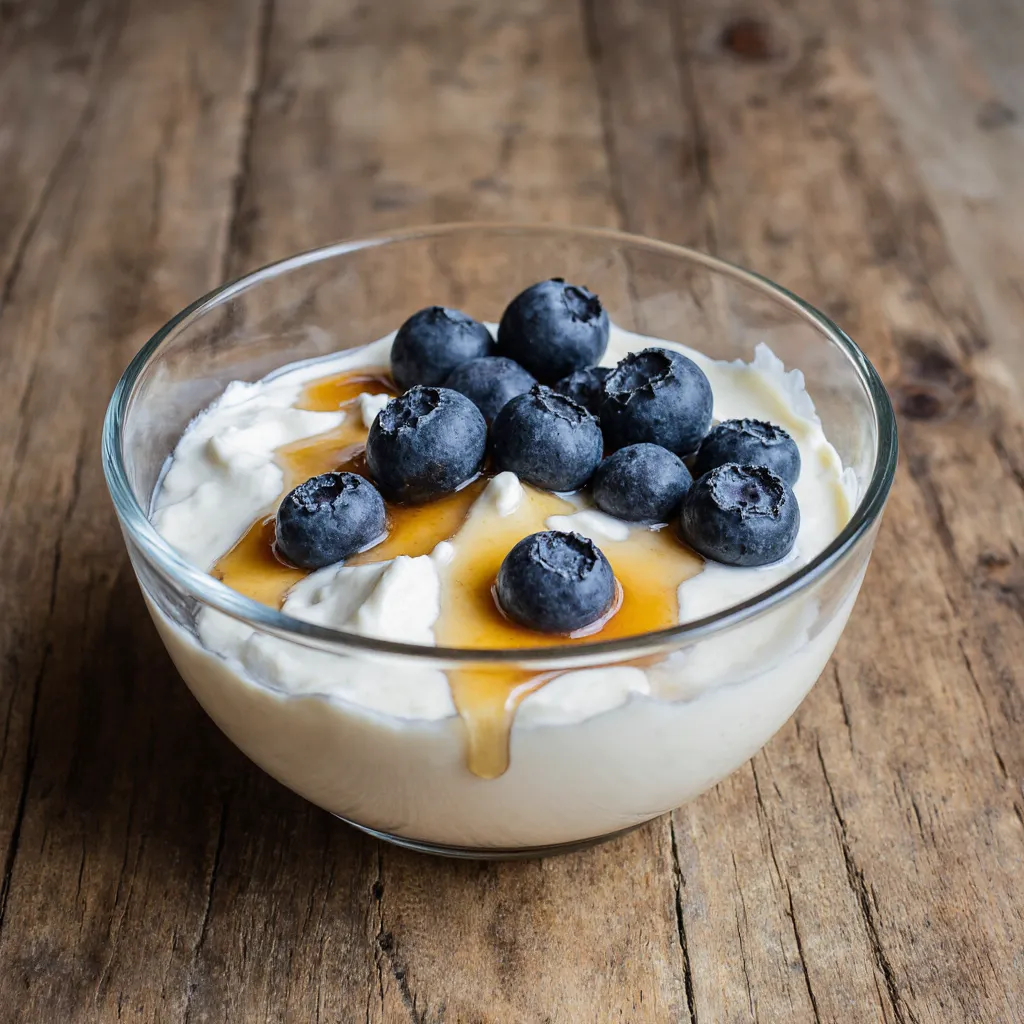 Greek yogurt with fresh blueberries and honey in a glass bowl