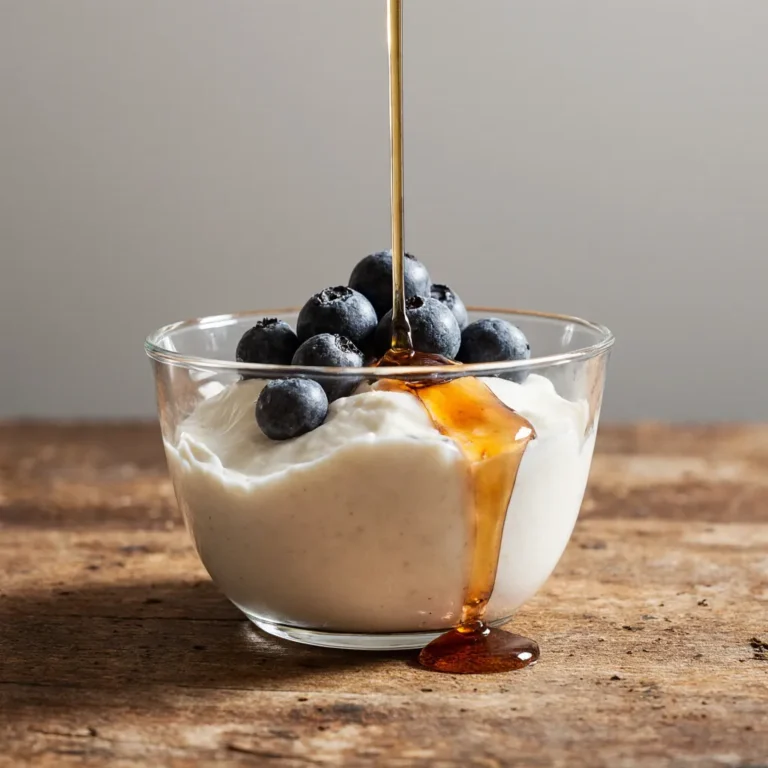Greek yogurt with fresh blueberries and honey in a glass bowl