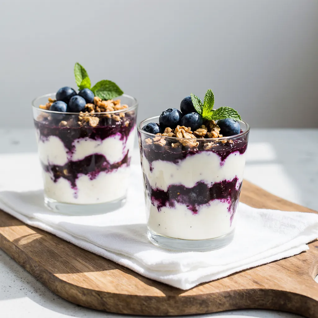 Greek yogurt blueberry parfaits in glass jars with granola and mint garnis