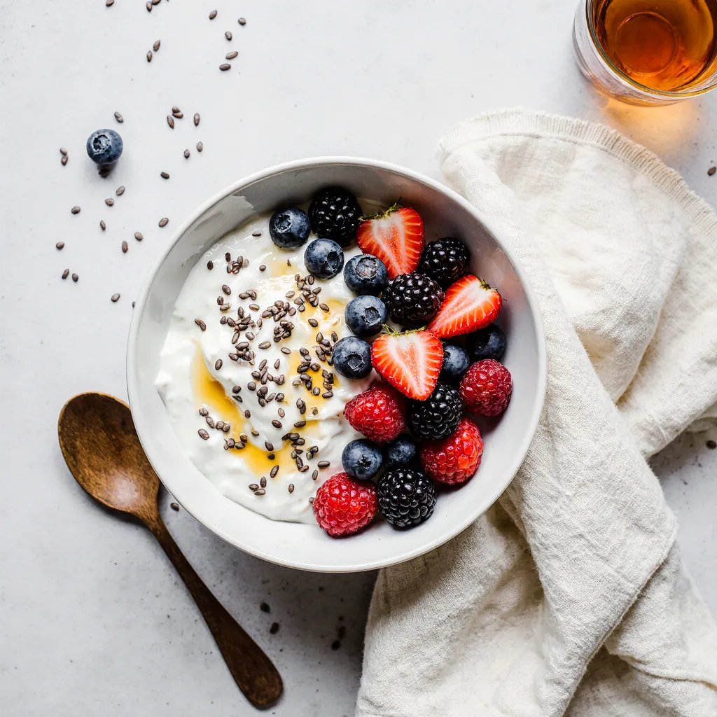 Greek yogurt bowl with blueberries, raspberries, and blackberries for antioxidant-rich nutrition