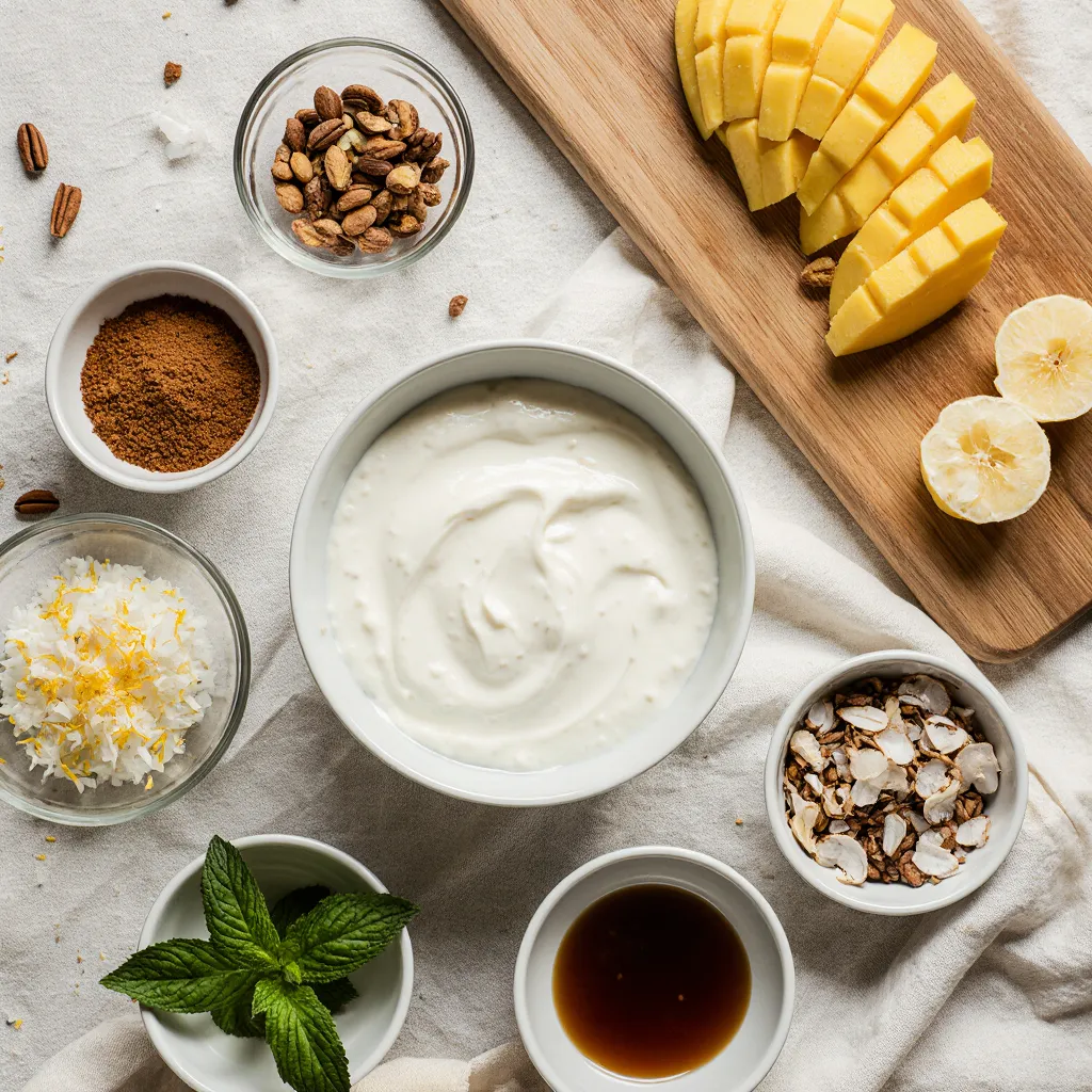 Plain Greek yogurt with natural toppings like cinnamon, mint, nuts, and fresh fruit