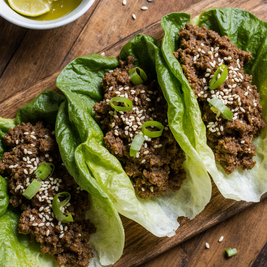 Ground beef wrap lettuce on rustic plate with sesame and scallions