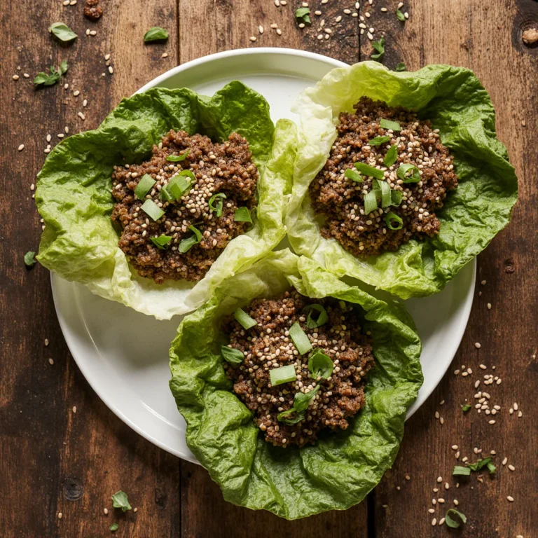 Ground beef wrap lettuce on rustic plate with sesame and scallions