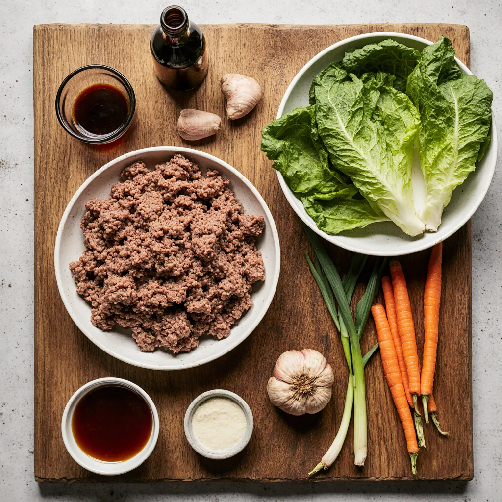 Ingredients for making ground beef wrap lettuce including lettuce and fresh aromatics