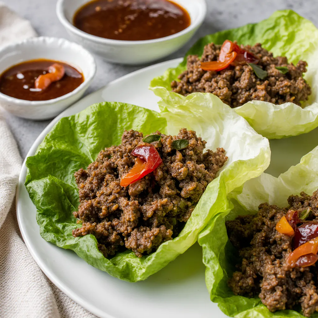 Plated ground beef wrap lettuce with toppings and dipping sauces