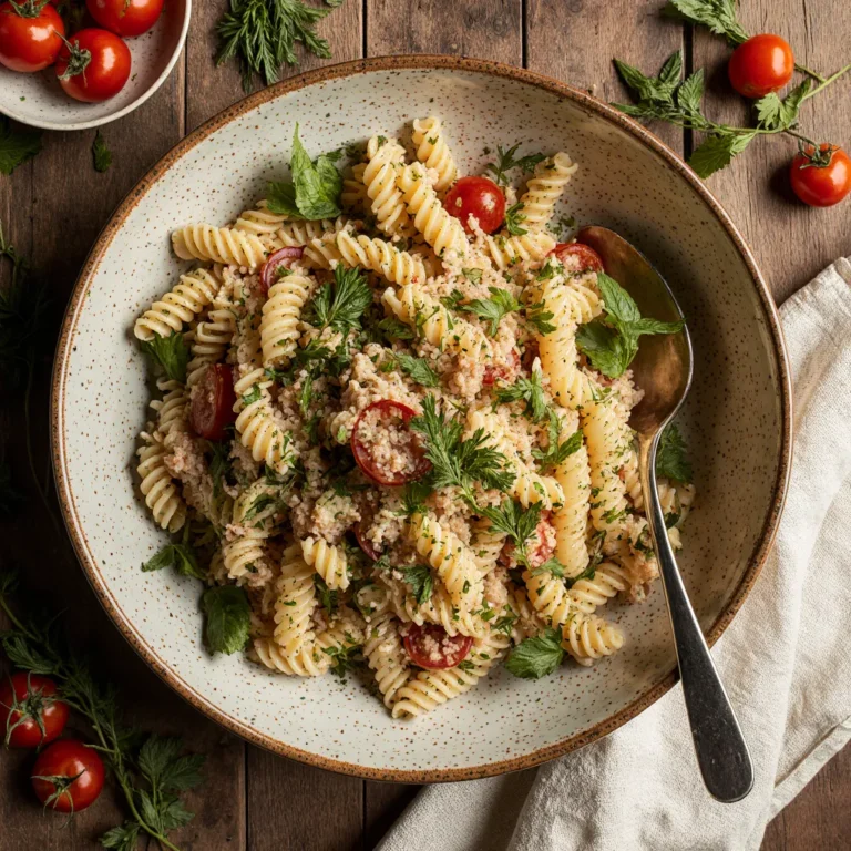 High protein pasta salad served in a rustic bowl with herbs and tomatoes