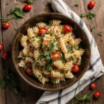 High protein pasta salad served in a rustic bowl with herbs and tomatoes