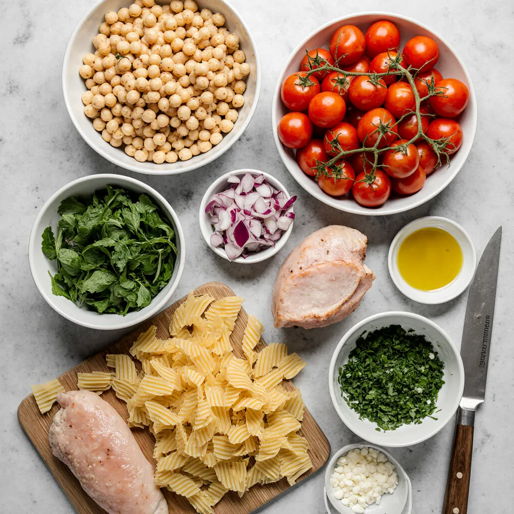 Ingredients for high protein pasta salad including chickpeas, pasta, chicken, and vegetables
