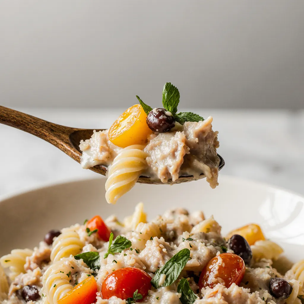 Spoon lifting high protein pasta salad with visible texture and ingredients
