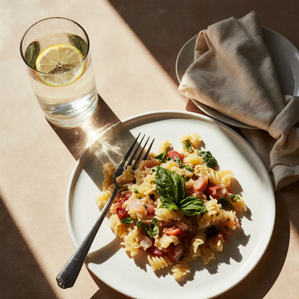 Served plate of high protein pasta salad with lemon water on a sunny table