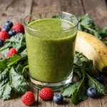 Vibrant green kale and spinach fruit smoothie with fresh leafy greens and fruits on a rustic table
