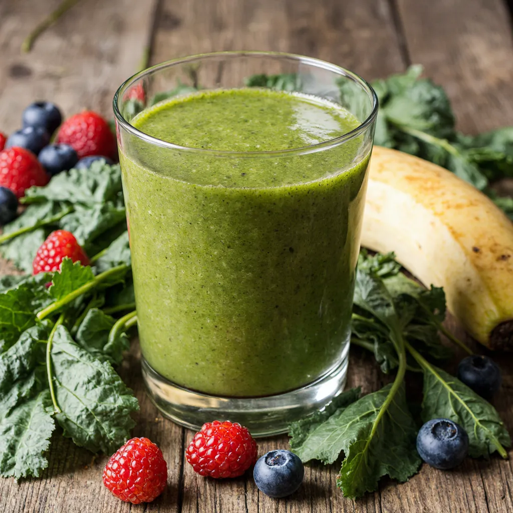 Vibrant green kale and spinach fruit smoothie with fresh leafy greens and fruits on a rustic table