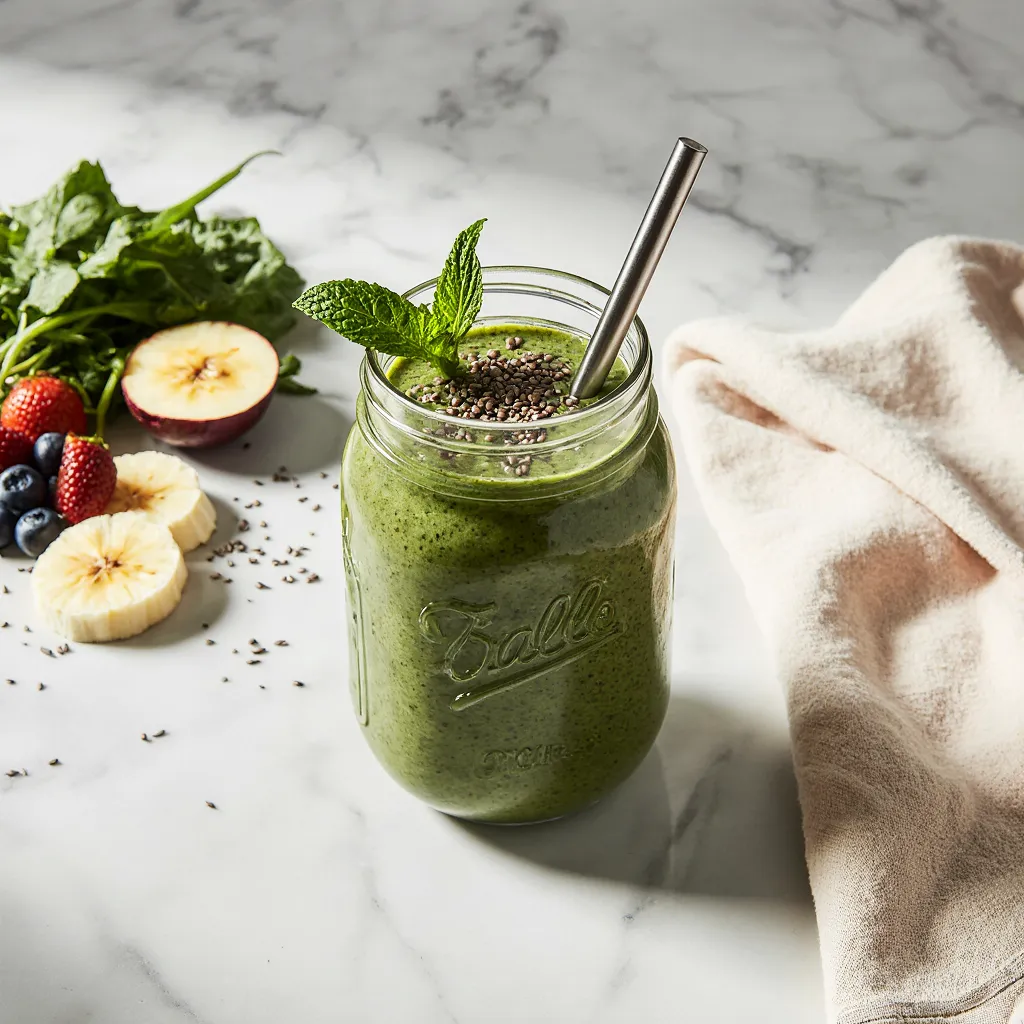 Kale spinach smoothie in a mason jar with chia seeds, mint, and a metal straw on a marble counter