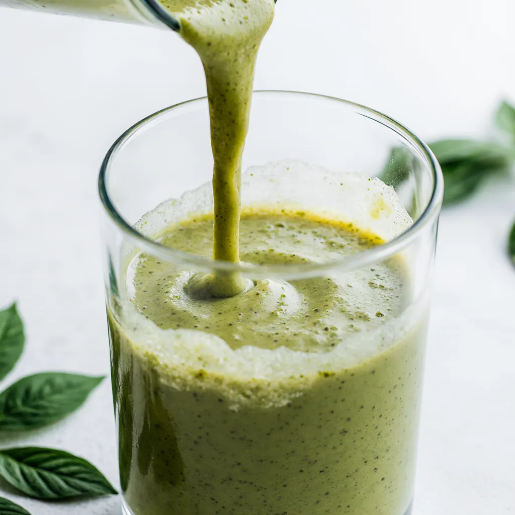 Close-up of thick, creamy kale spinach smoothie being poured with visible texture and bubbles