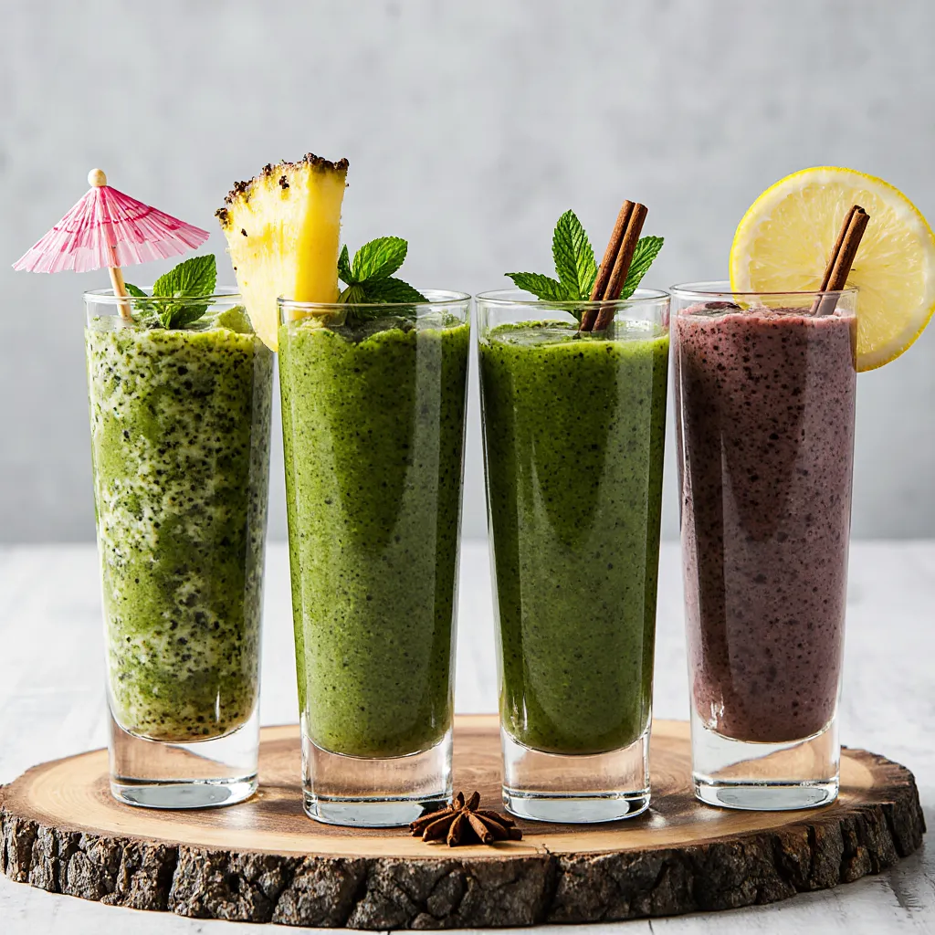 Four kale spinach fruit smoothies styled for spring, summer, fall, and winter with matching ingredients
