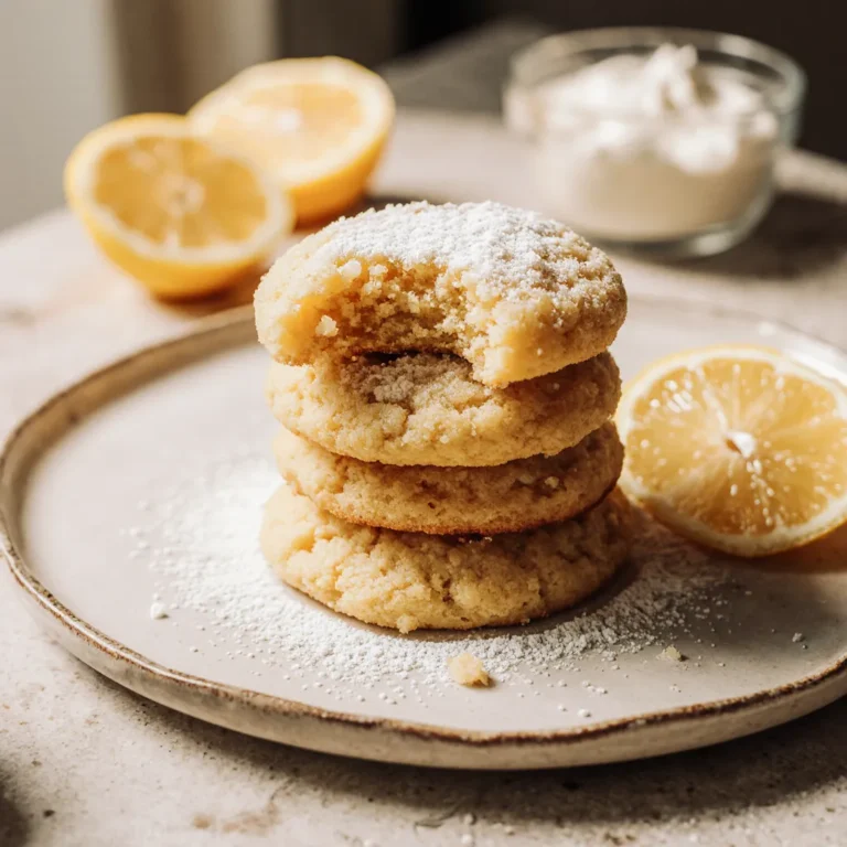 Close-up of lemon and ricotta cookies stacked on a plate with lemons and ricotta in a cozy kitchen background