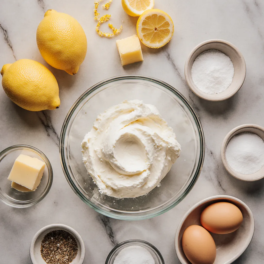 Top-down view of ingredients including ricotta, lemons, butter, and sugar on a marble counter for lemon and ricotta cookies
