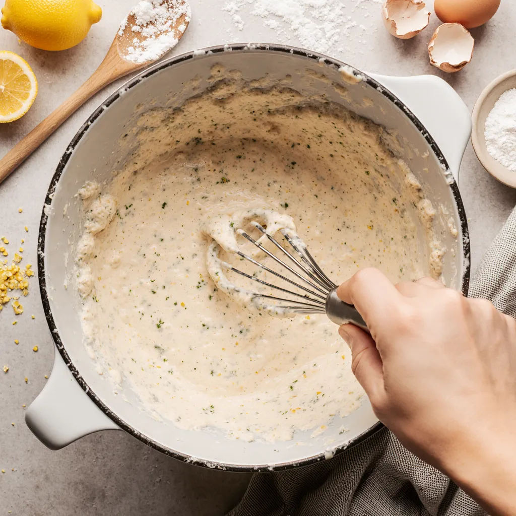 Whisking lemon and ricotta cookie dough in a bowl with visible zest and baking tools in a home kitchen setting