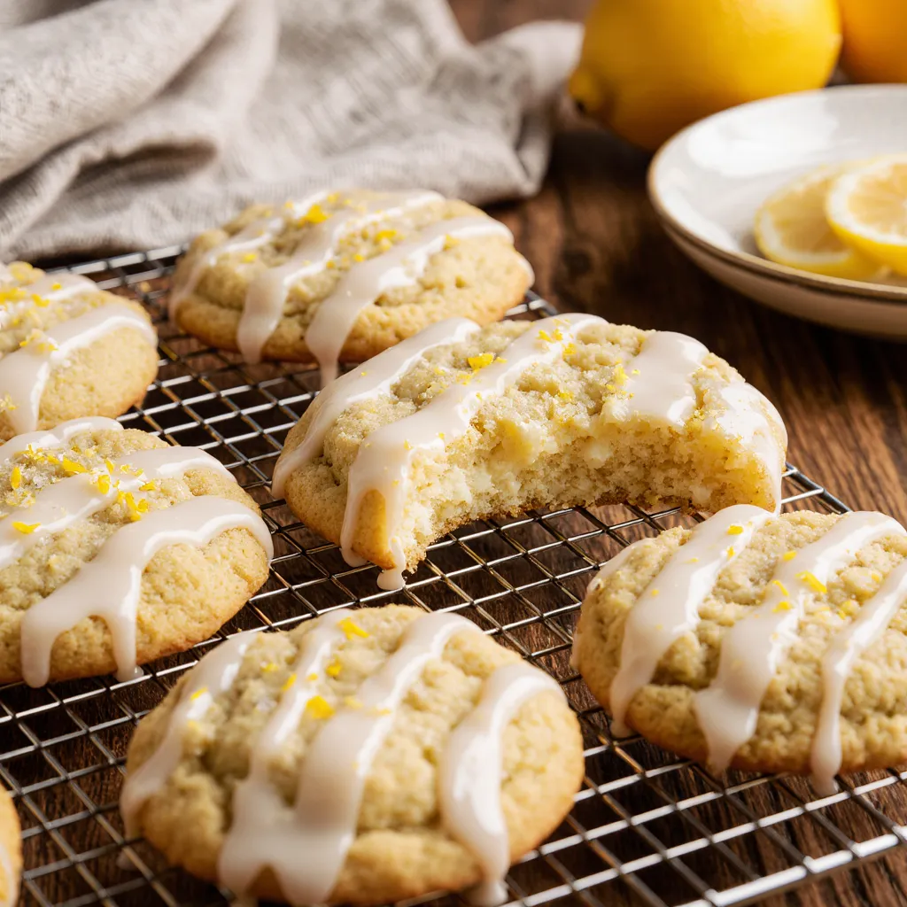 Lemon and ricotta cookies on a cooling rack with lemon glaze, zest, and rustic kitchen background