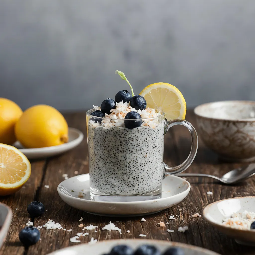 Lemon chia pudding served in a dessert cup with toppings