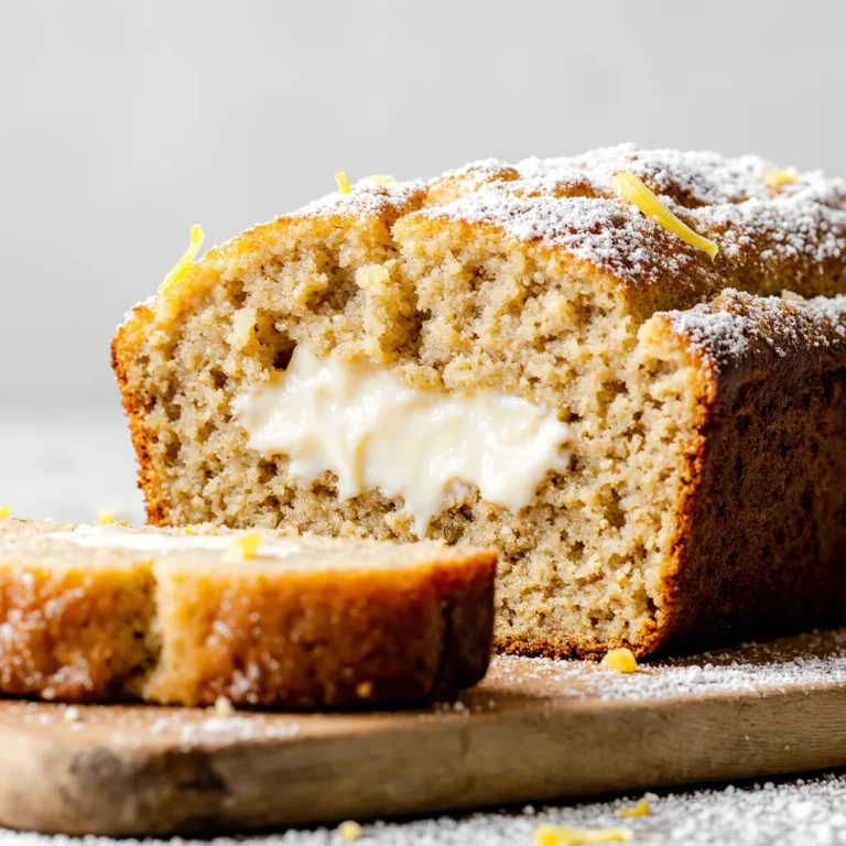Moist and golden lemon cream cheese loaf on wooden board
