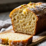 Moist and golden lemon cream cheese loaf on wooden board