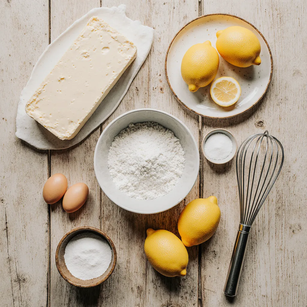 Ingredients laid out for lemon cream cheese loaf on kitchen counter