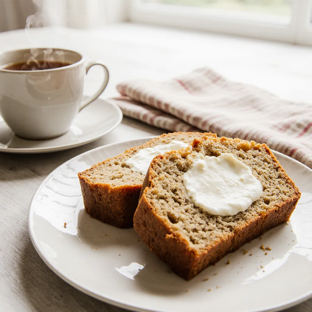 Sliced lemon cream cheese loaf served with tea at a brunch table