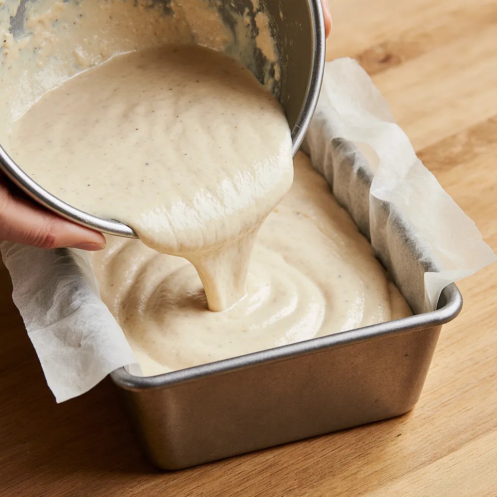 Perfect lemon cream cheese loaf batter being poured into pan