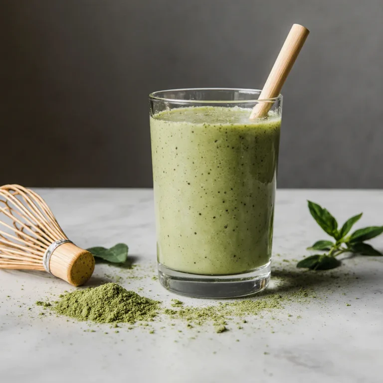 Creamy matcha protein shake in glass with matcha powder on counter