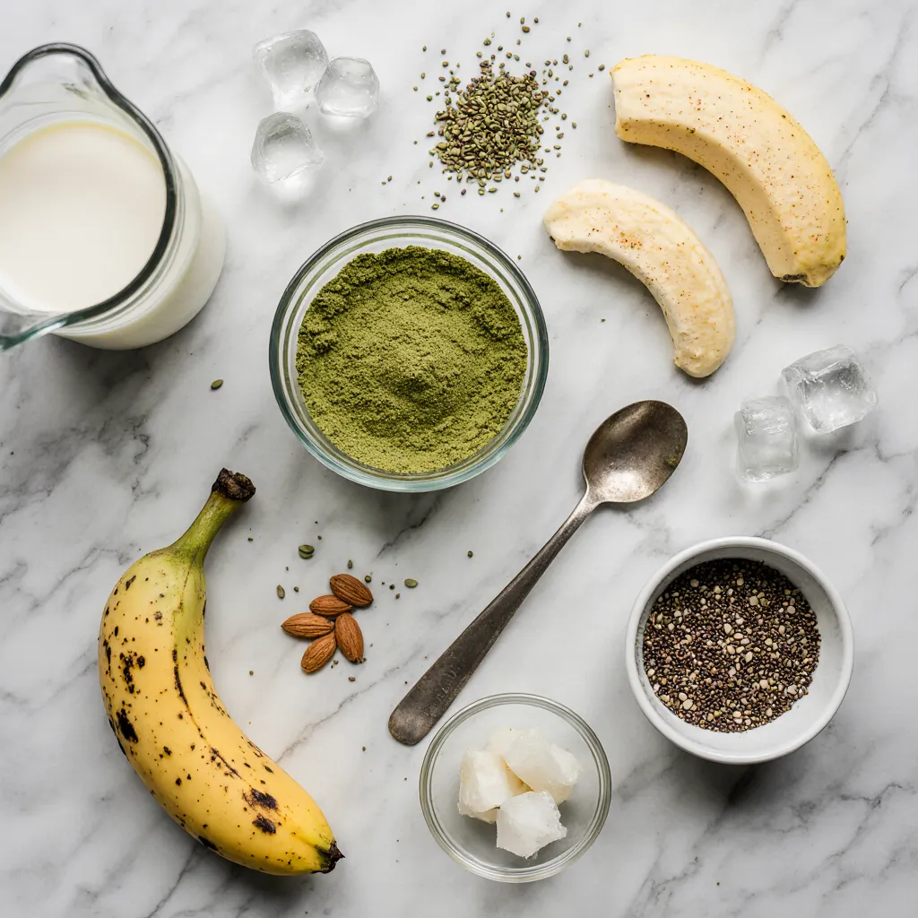 Ingredients for matcha protein shake laid out on a kitchen counter