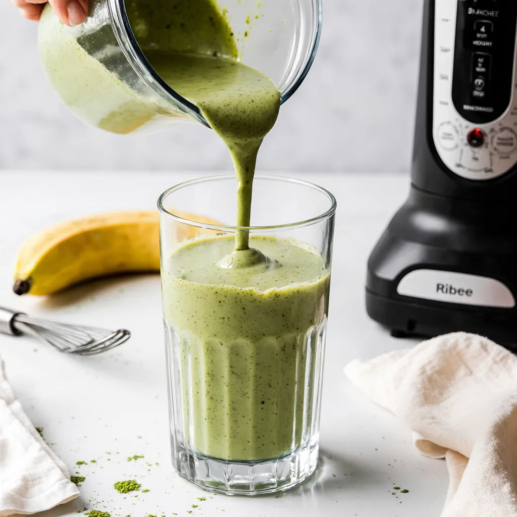 Pouring creamy matcha protein shake from blender for perfect texture