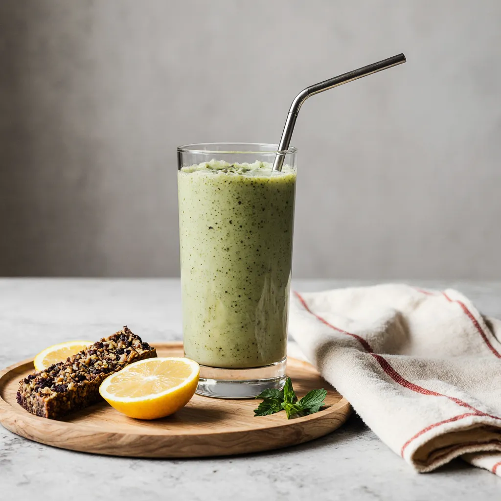 Matcha protein shake served in a glass with fruit and protein bar on tray