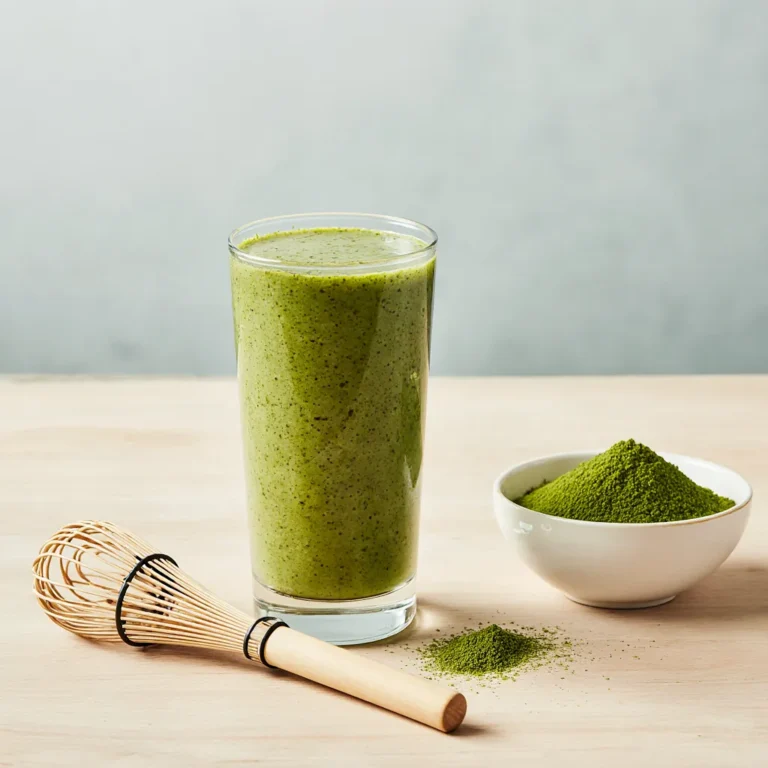 Glass of bright green matcha tea smoothie with bamboo whisk and matcha powder bowl on a wooden table