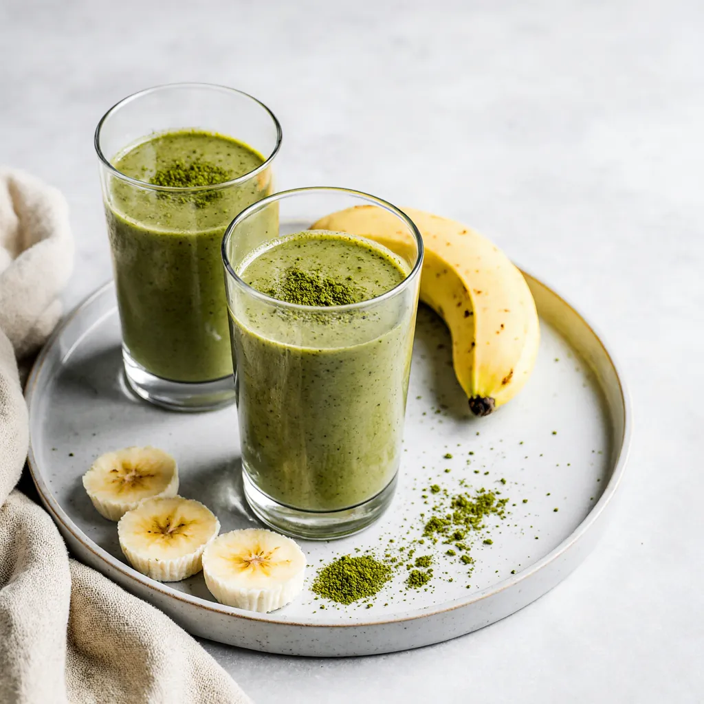 Matcha tea smoothie served in glasses on breakfast tray with banana slices and matcha powder