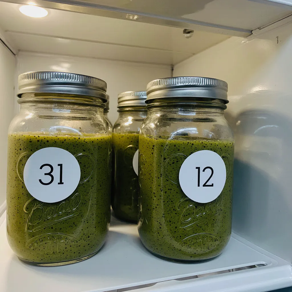 Mason jars of matcha tea smoothie stored in refrigerator with labeled lids