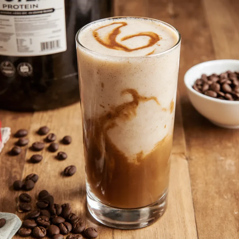 Protein and coffee shake served in a glass with creamy texture and rich coffee swirls